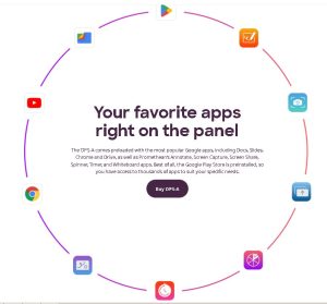 A circular graphic featuring icons of popular apps and services surrounds text praising an OPS-A device for its preloaded Google apps and additional software, with a call-to-action button to "Buy OPS-A." Don't miss the Promethean ActivPanel Easter Offer!